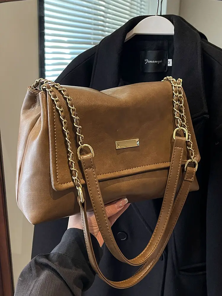Women's Textured Chain Shoulder Bag Brown 2023 - Image 8