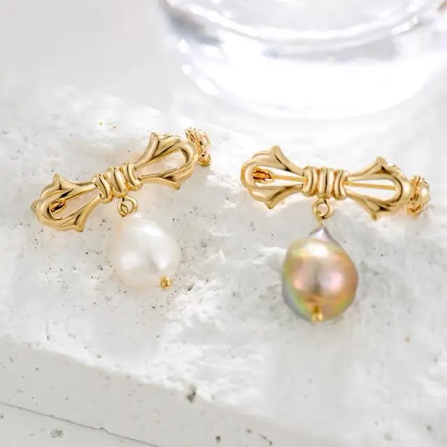 Butterfly Bow Pearl Earrings Gold Plated - Image 4
