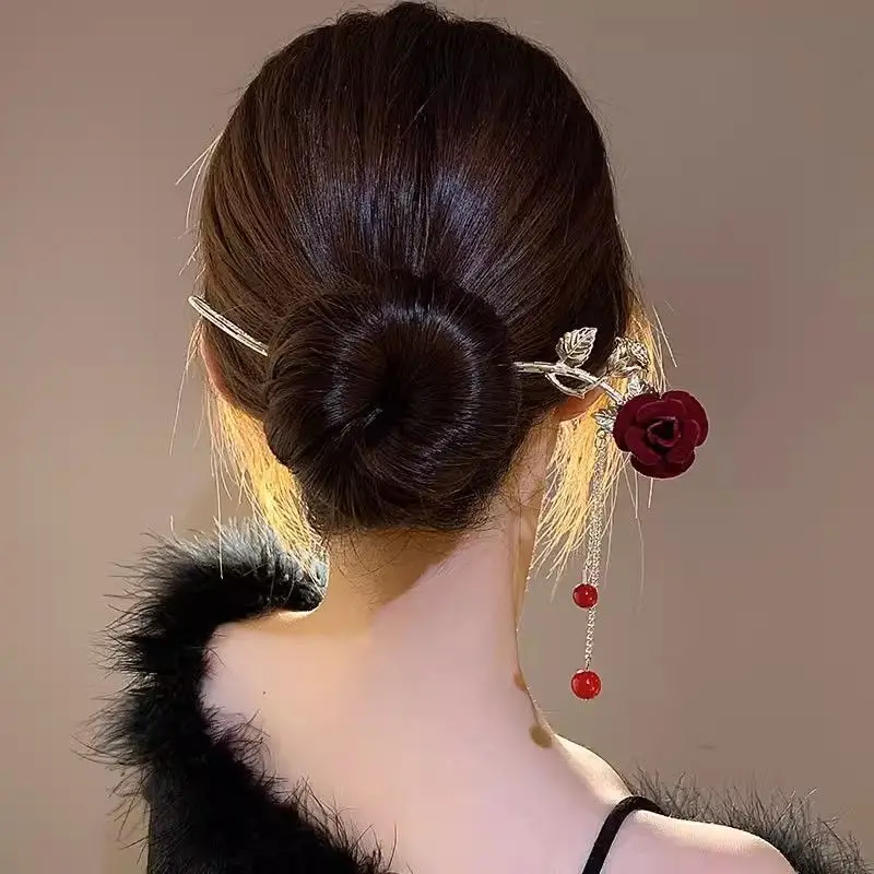 Chinese-style Red Rose Hairpin for Women - Image 11