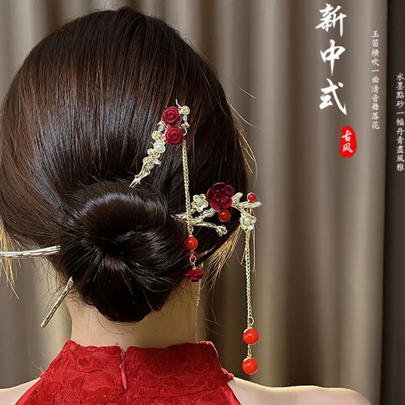 Chinese-style Red Rose Hairpin for Women - Image 12