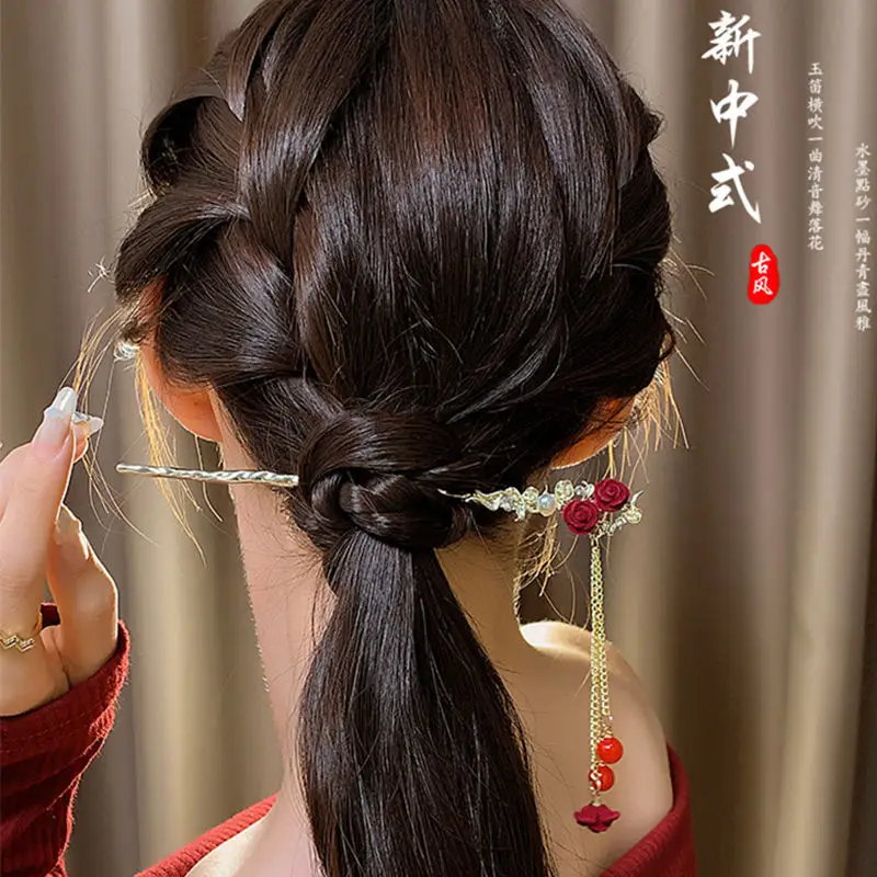Chinese-style Red Rose Hairpin for Women - Image 13