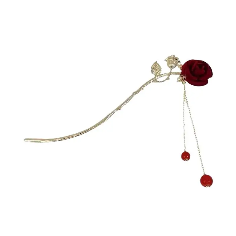 Chinese-style Red Rose Hairpin for Women - Image 14