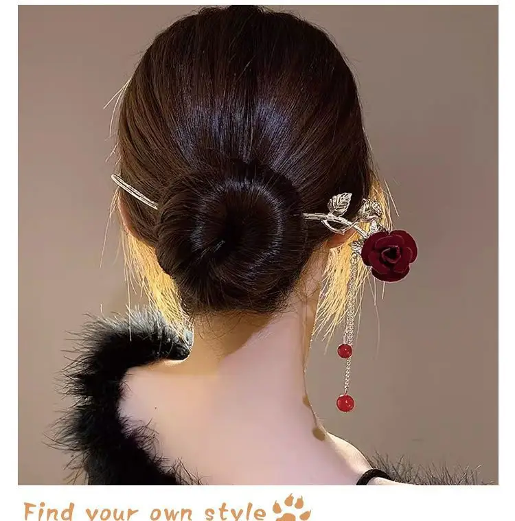 Chinese-style Red Rose Hairpin for Women — feature 2