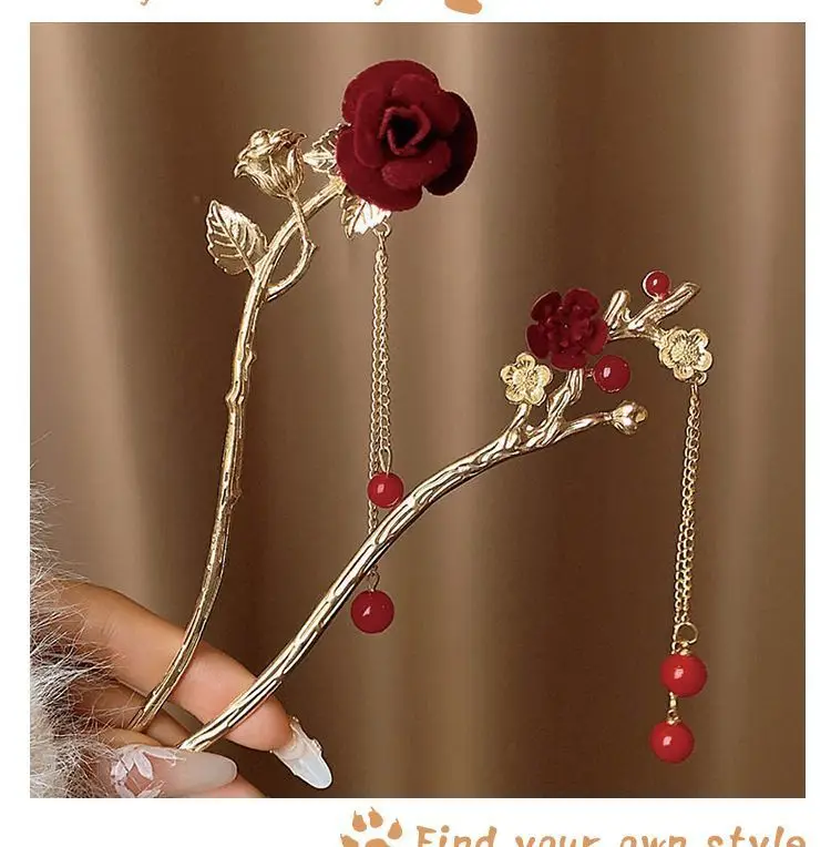 Chinese-style Red Rose Hairpin for Women — feature 3