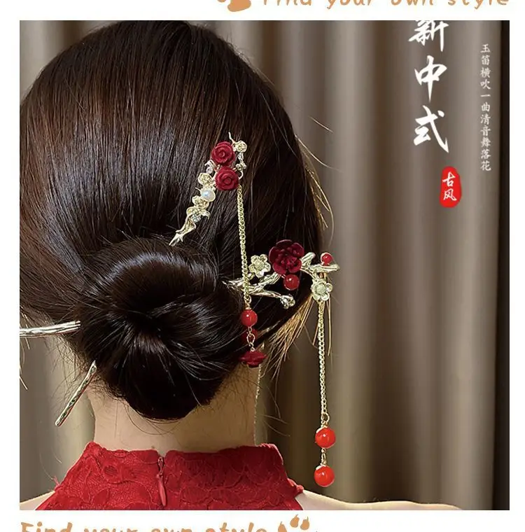 Chinese-style Red Rose Hairpin for Women — feature 4