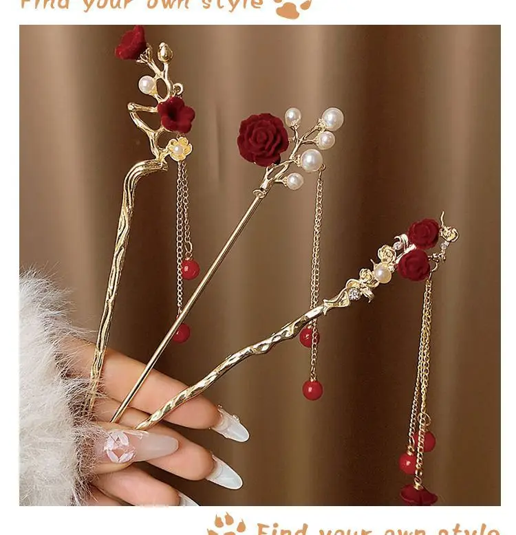 Chinese-style Red Rose Hairpin for Women — feature 5