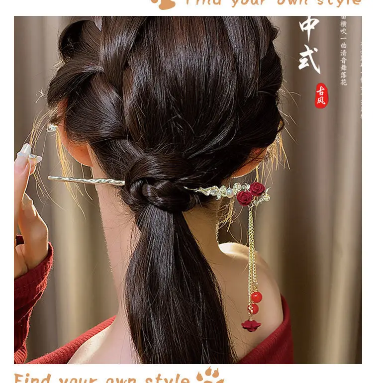 Chinese-style Red Rose Hairpin for Women — feature 6