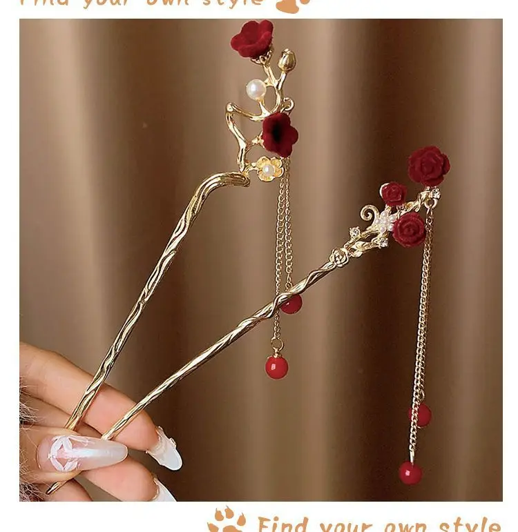 Chinese-style Red Rose Hairpin for Women — feature 7