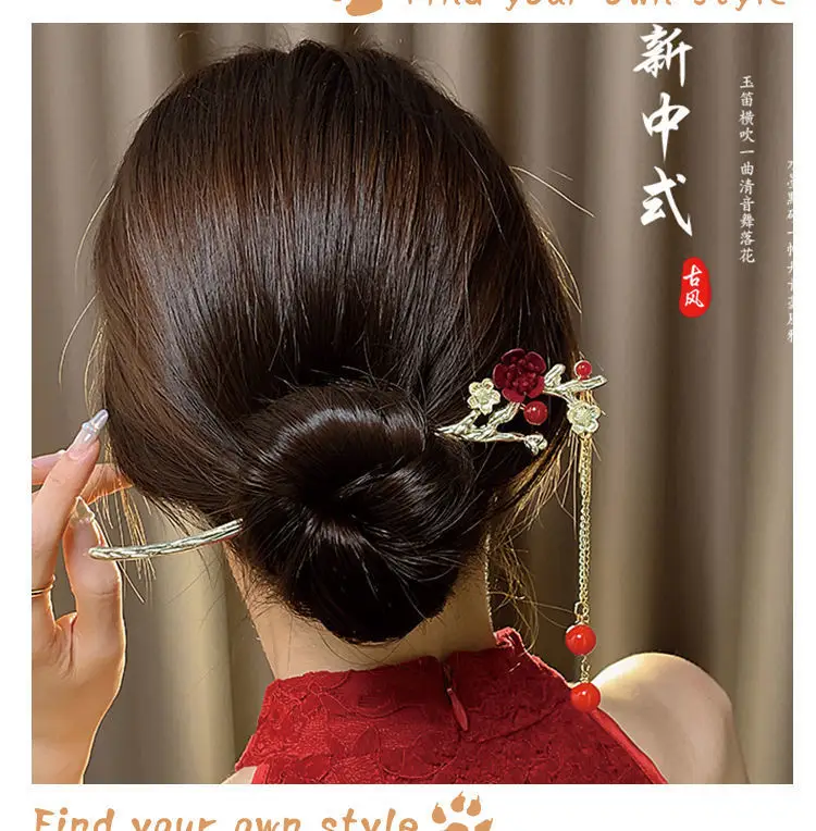 Chinese-style Red Rose Hairpin for Women — feature 8
