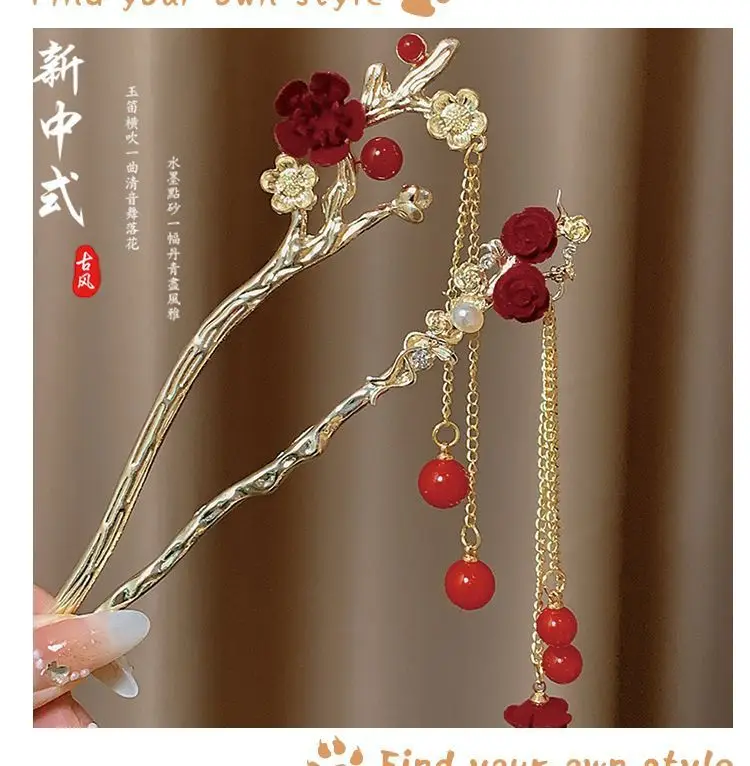 Chinese-style Red Rose Hairpin for Women — feature 9