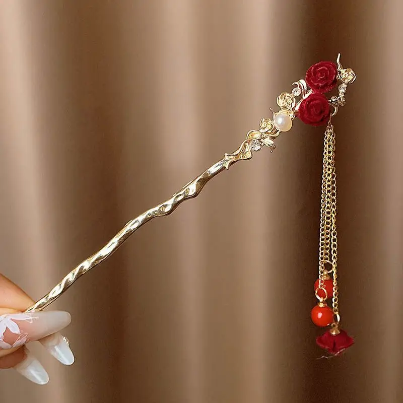 Chinese-style Red Rose Hairpin for Women - Image 2