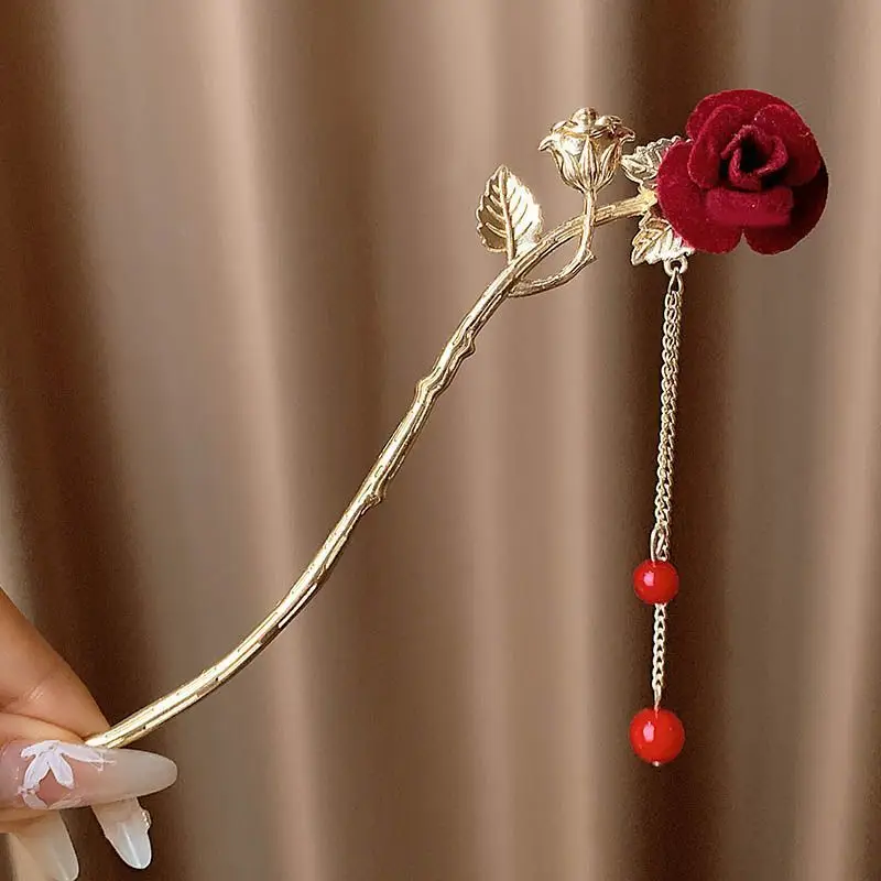 Chinese-style Red Rose Hairpin for Women - Image 3