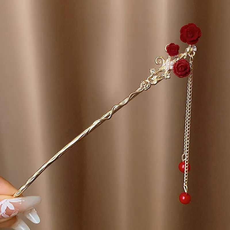 Chinese-style Red Rose Hairpin for Women - Image 4