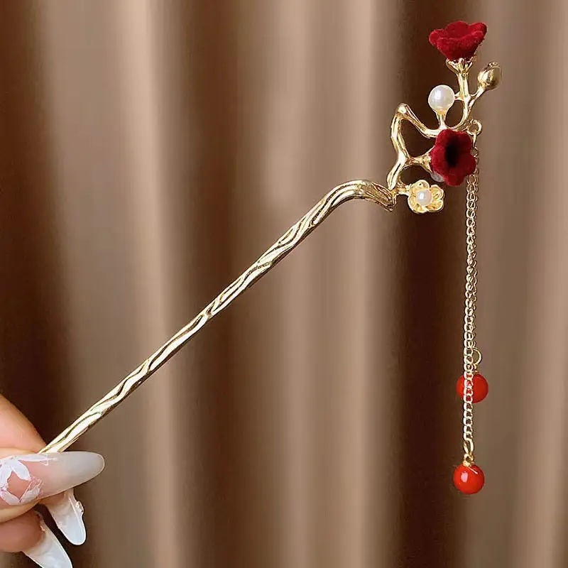 Chinese-style Red Rose Hairpin for Women - Image 8