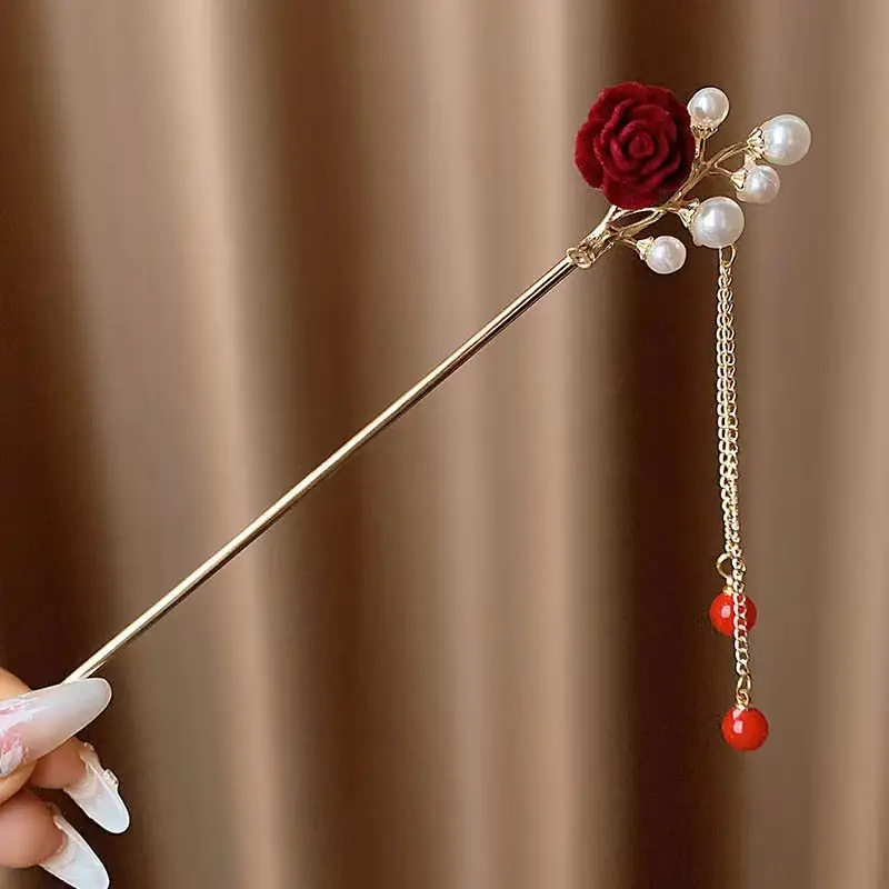 Chinese-style Red Rose Hairpin for Women - Image 9