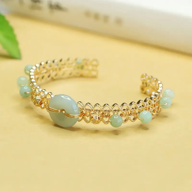 Jadeite Peace Buckle Bracelet Gold Plated Green Beads - Image 3