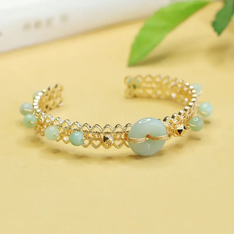Jadeite Peace Buckle Bracelet Gold Plated Green Beads - Image 4