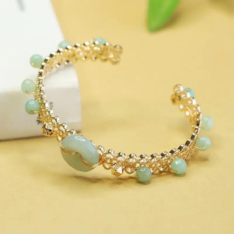 Jadeite Peace Buckle Bracelet Gold Plated Green Beads - Image 5