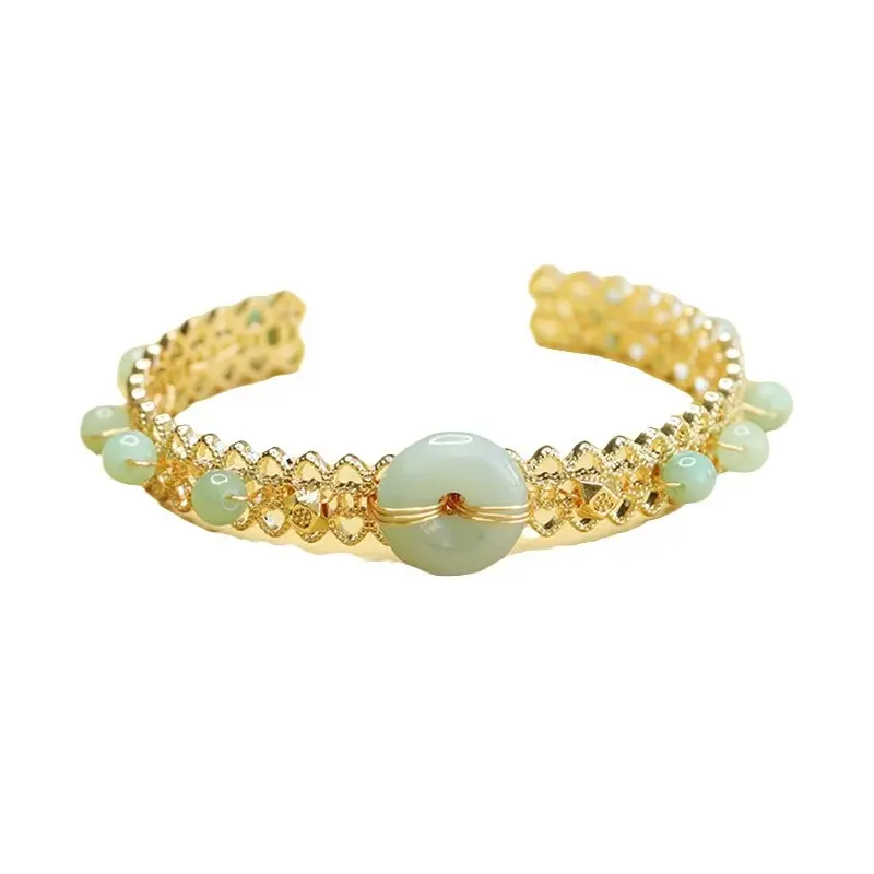 Jadeite Peace Buckle Bracelet Gold Plated Green Beads - Image 6