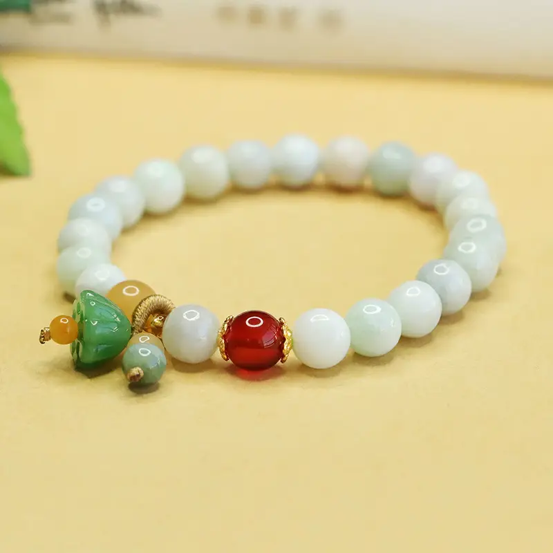 Natural Jade Lotus Bracelet with Red & Green Accents - Image 3