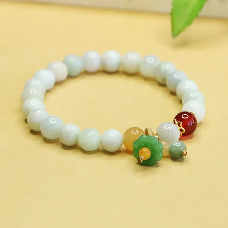 Natural Jade Lotus Bracelet with Red & Green Accents - Image 4