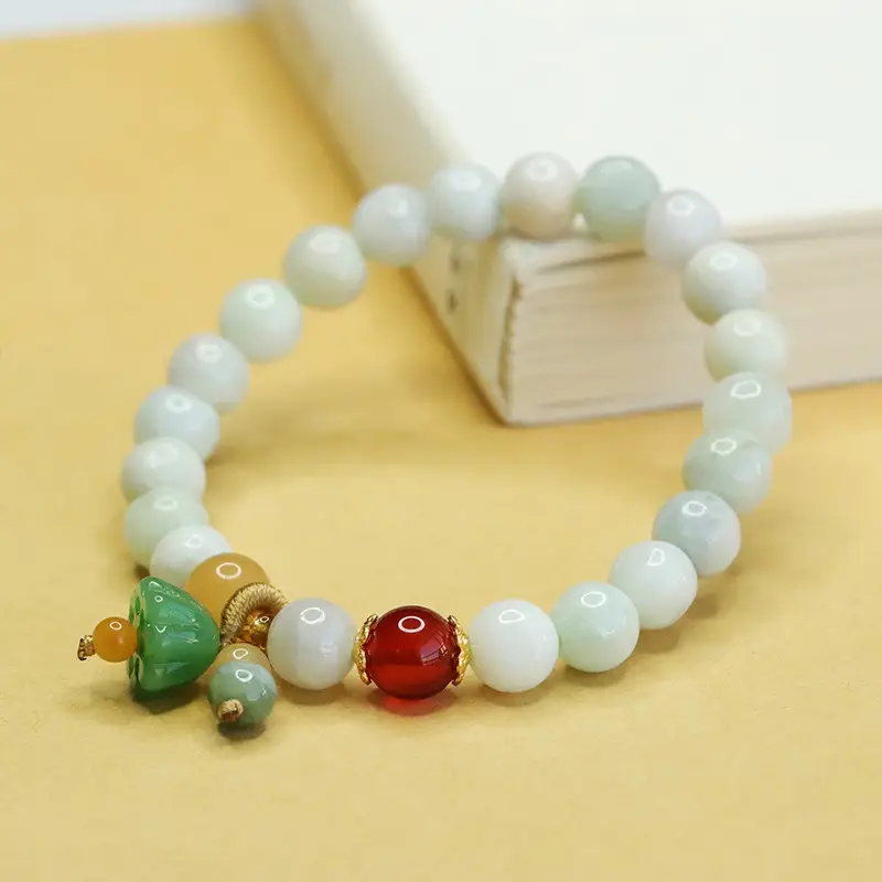 Natural Jade Lotus Bracelet with Red & Green Accents - Image 5