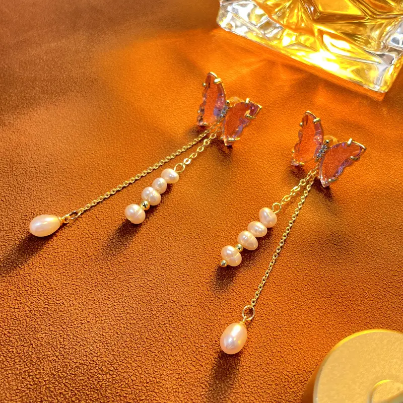 Freshwater Pearl Butterfly Earrings 18k Gold Long Tassel - Image 3
