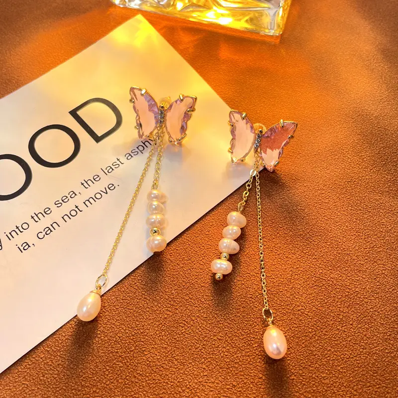 Freshwater Pearl Butterfly Earrings 18k Gold Long Tassel - Image 4