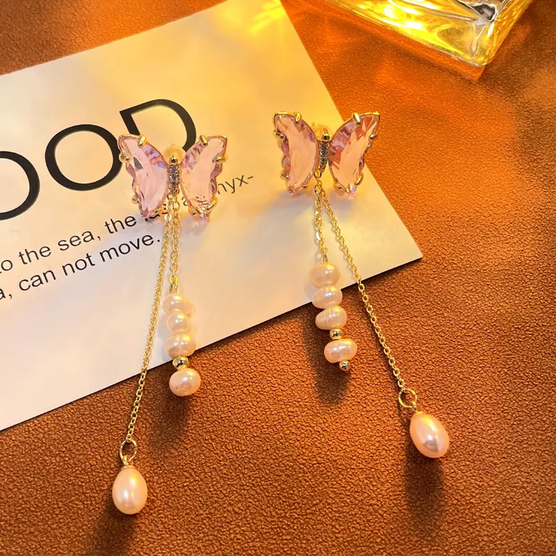 Freshwater Pearl Butterfly Earrings 18k Gold Long Tassel - Image 5