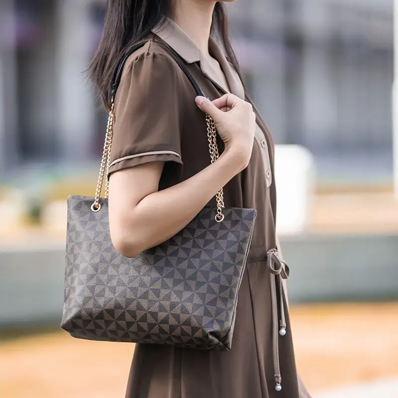 Geometric Print Women's Tote Bag with Chain Shoulder Bag