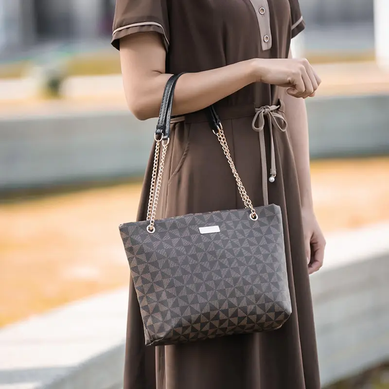 Geometric Print Women's Tote Bag with Chain Shoulder Bag