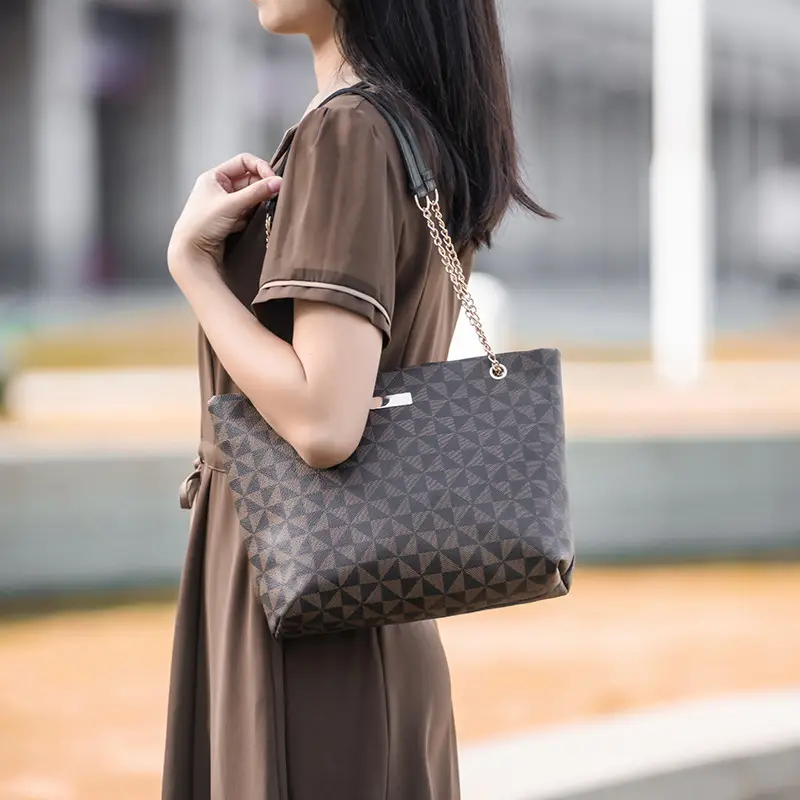 Geometric Print Women's Tote Bag with Chain Shoulder Bag