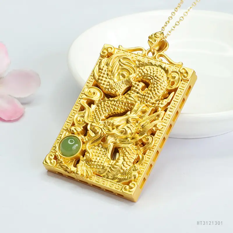 Guan Yu Dragon Pendant Necklace Gold Jade Jasper Zodiac - Image 3