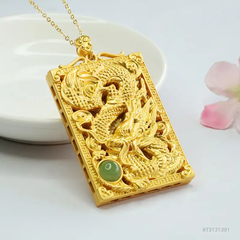 Guan Yu Dragon Pendant Necklace Gold Jade Jasper Zodiac - Image 4
