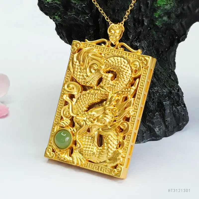Guan Yu Dragon Pendant Necklace Gold Jade Jasper Zodiac - Image 5