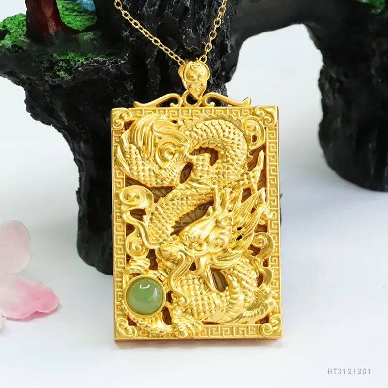 Guan Yu Dragon Pendant Necklace Gold Jade Jasper Zodiac — feature 7