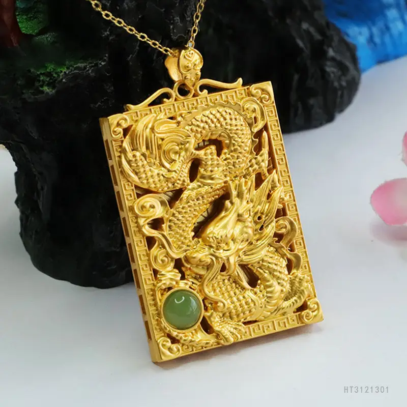 Guan Yu Dragon Pendant Necklace Gold Jade Jasper Zodiac — feature 8