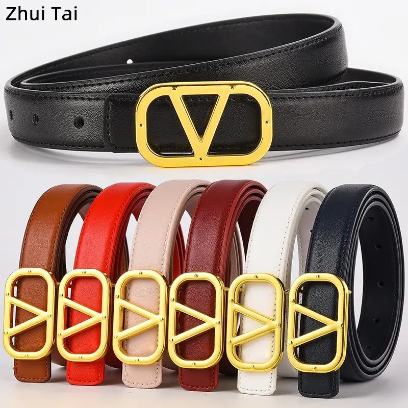 Women's Leather Belt Gold V-Bracelet Black 100cm
