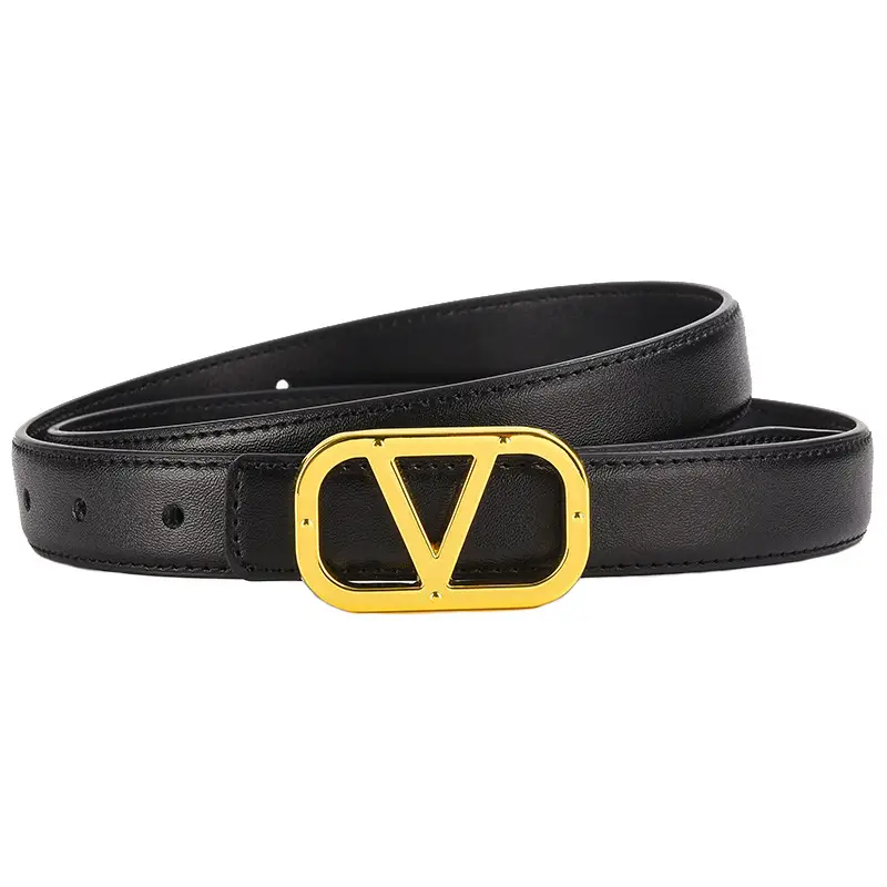 Women's Leather Belt Gold V-Bracelet Black 100cm