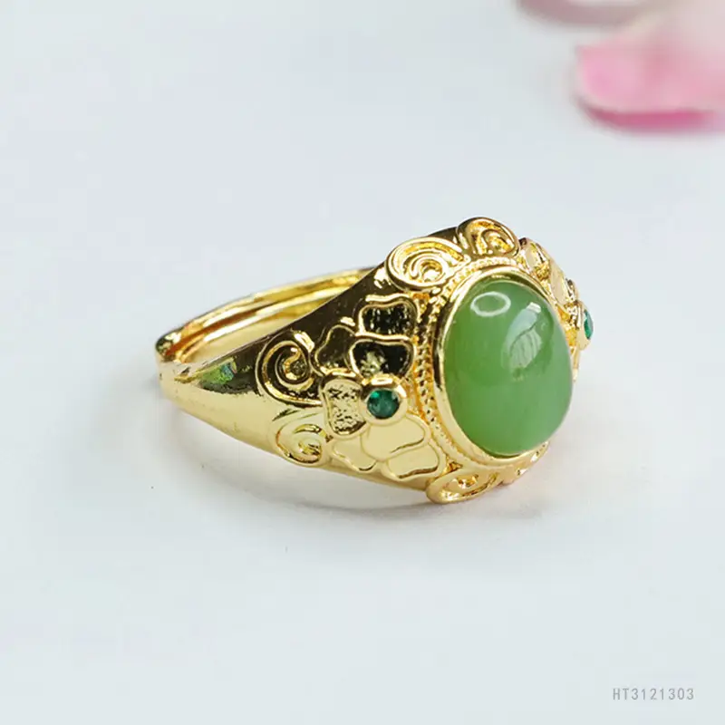 Guan Yu Jade Ring with Green Stone & Gold Plated Design - Image 3
