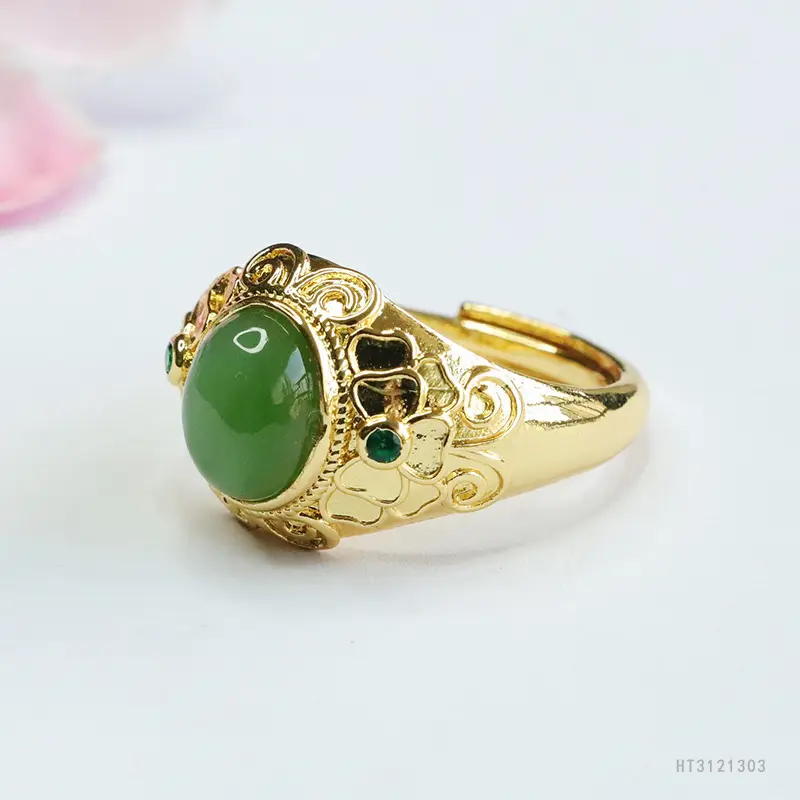 Guan Yu Jade Ring with Green Stone & Gold Plated Design - Image 4