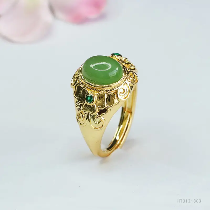 Guan Yu Jade Ring with Green Stone & Gold Plated Design - Image 5