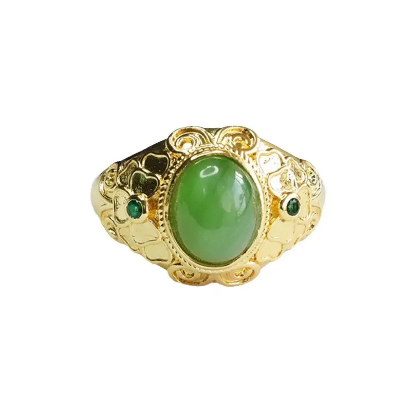 Guan Yu Jade Ring with Green Stone & Gold Plated Design - Image 6