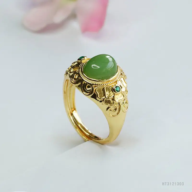 Guan Yu Jade Ring with Green Stone & Gold Plated Design — feature 8