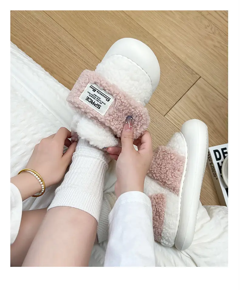 Nanbowan winter lambswool cotton slippers women's plush fleece-lined thickened home versatile bag heel warm Velcro shoes — feature 9