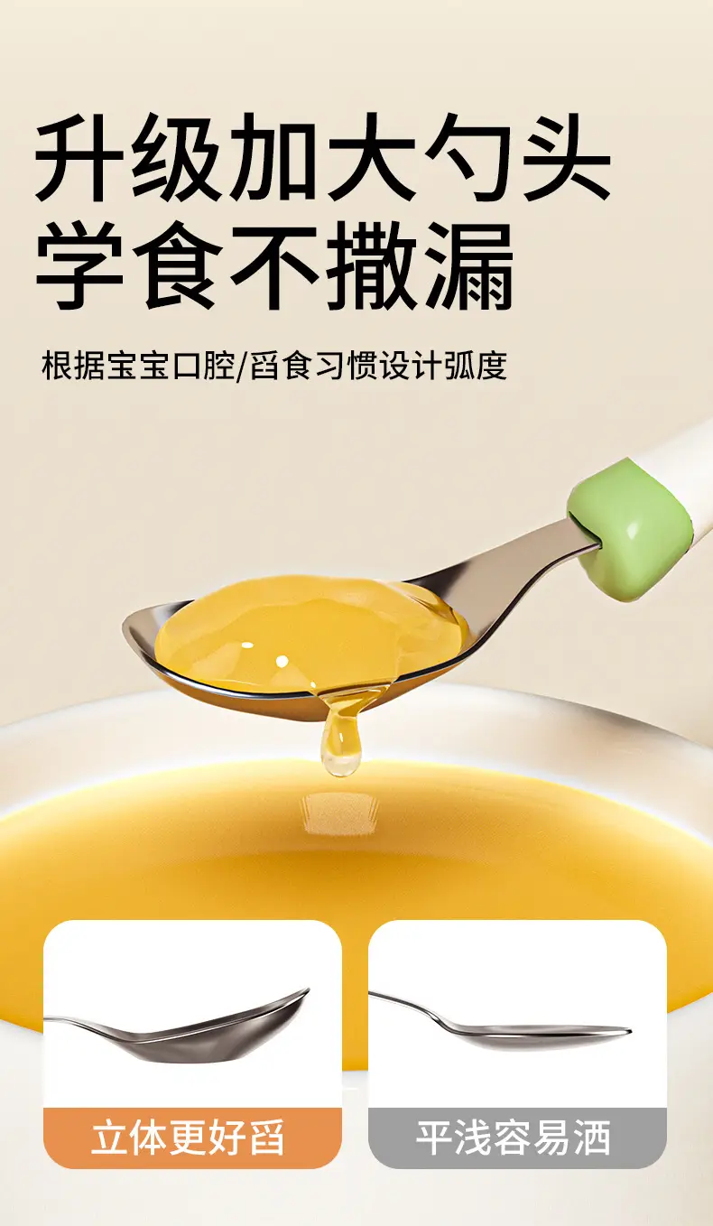 Stainless Steel Self-Eating Baby Spoons Green Orange — feature 12