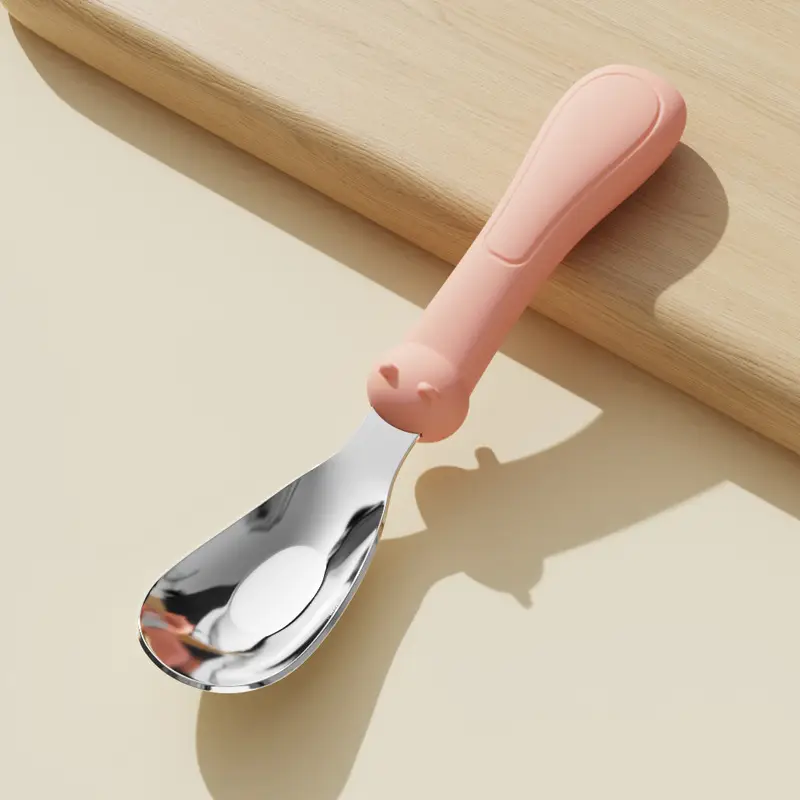 Stainless Steel Self-Eating Baby Spoons Green Orange - Image 2