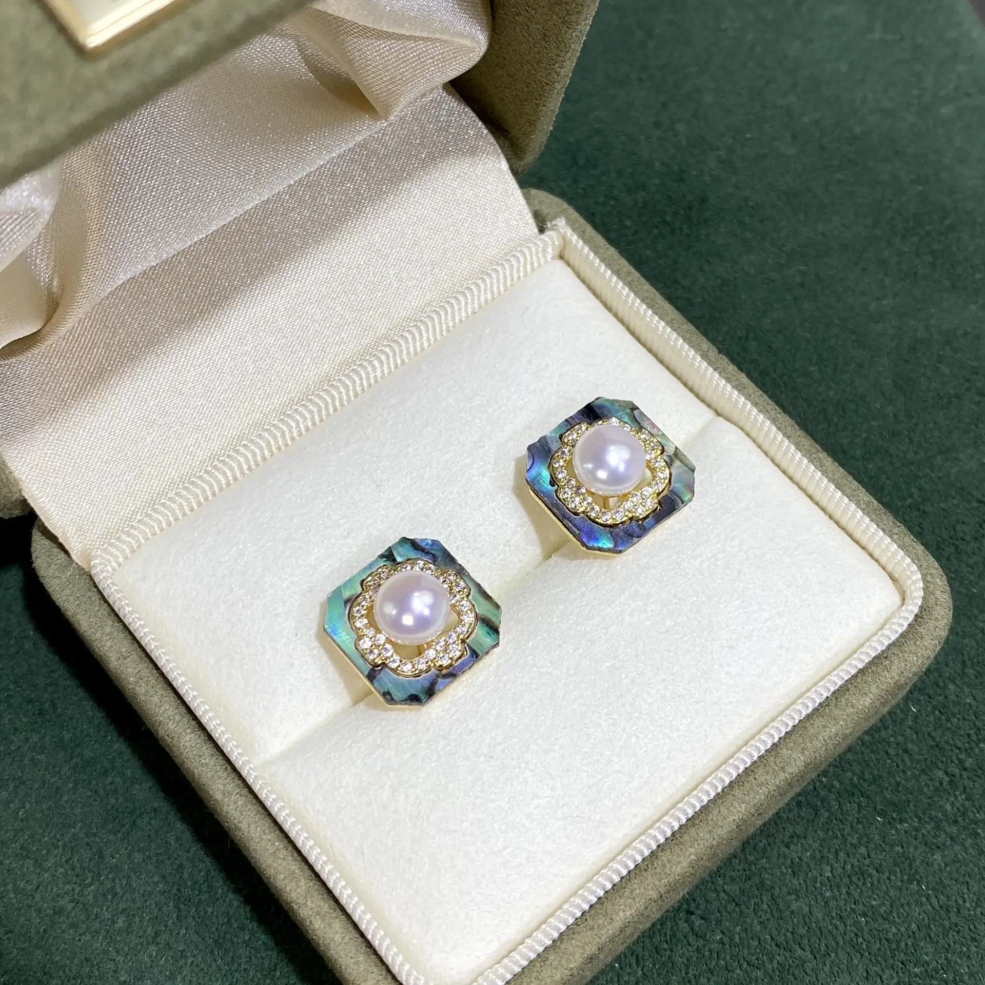 Square Earrings with Natural Abalone & Sparkling Detail - Image 3