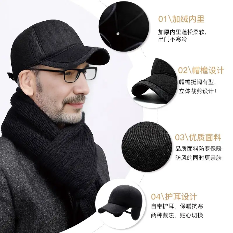 Winter Warm Black Baseball Cap for Men Elderly Warm Ear Protection - Image 5