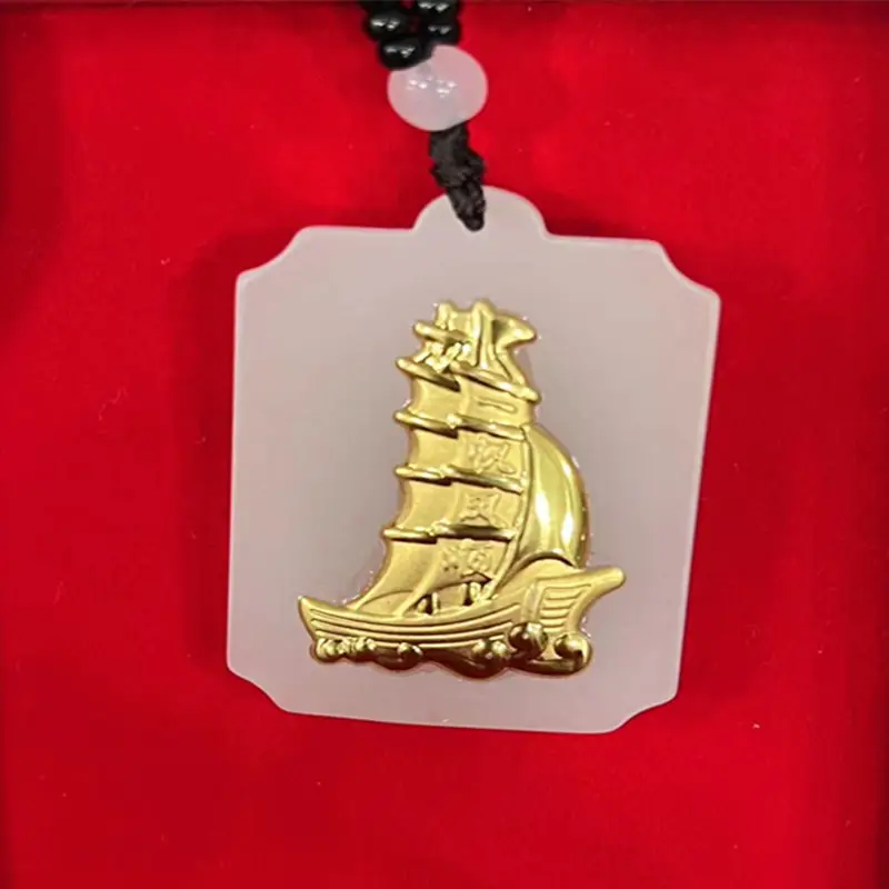 Gold Inlay Jade Sail Pendant Necklace for Men
